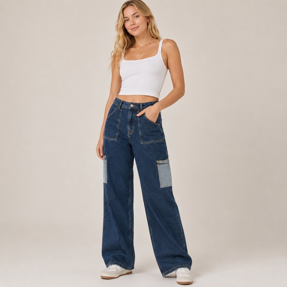 Hollister Ultra High-Rise Dad Jeans Womens sz 1 XS Blue Skater‎ Cargo Baggy Y2K